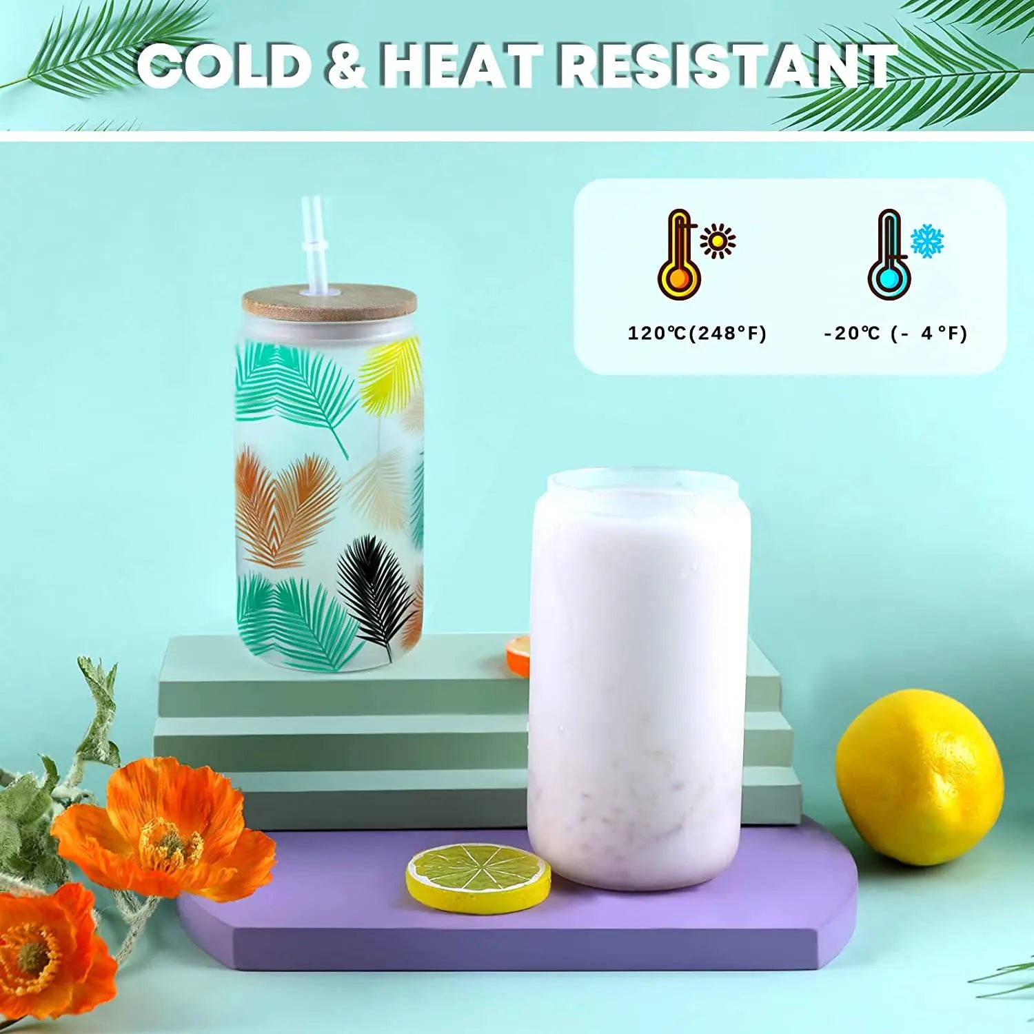 16OZ Glass Sublimation Tumblers 4/8 Pack Clear/Frosted Bamboo Lid