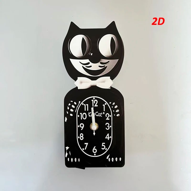 2D Cartoon Cat Wall Clock Silent Movement Swinging Tail Glass Mirror