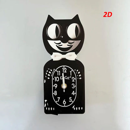 2D Cartoon Cat Wall Clock Silent Movement Swinging Tail Glass Mirror