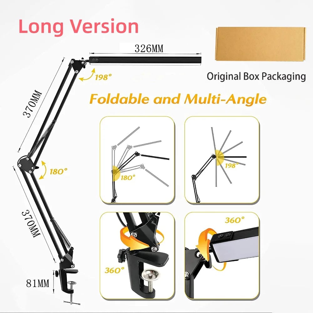 10W LED Clamp Desk Lamp - Swing Arm, 10 Brightness Levels, 3 Modes