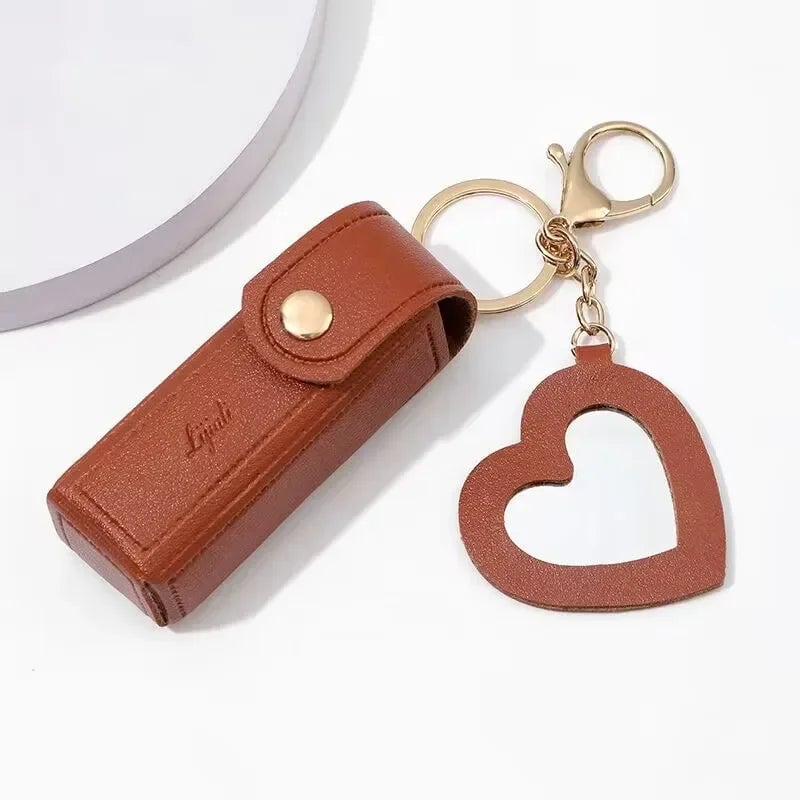 Leather Lipstick Pouch with Mirror & Keychain - Protective Makeup Bag