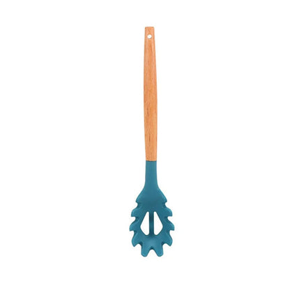 Blue Heat-Resistant Silicone Spatula Spoon with Wooden Handle