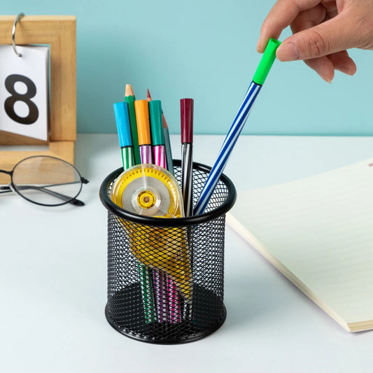 Metal Mesh Pencil Holder Square Round Desk Organizer Pen Cup Case