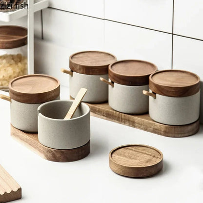 Round Ceramic Spice Jar with Wooden Lid - Salt Pepper Storage