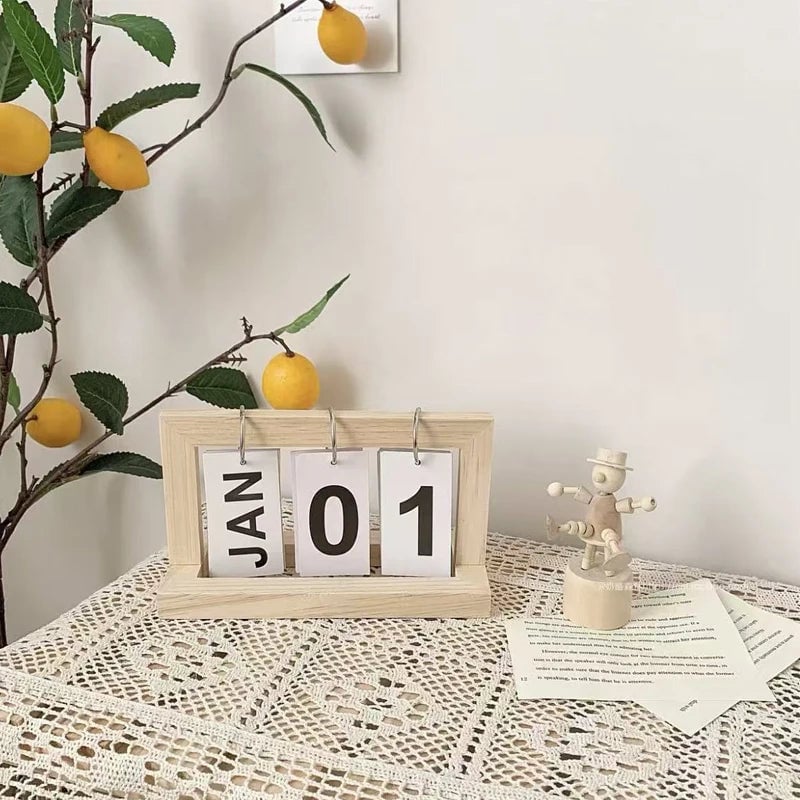Wooden Flip Calendar Perpetual Desktop Photo Frame Home Decor