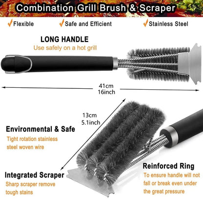 Stainless Steel BBQ Grill Cleaning Brush with Scraper Tool