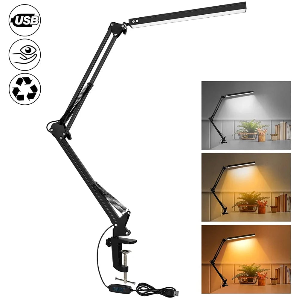 10W LED Clamp Desk Lamp - Swing Arm, 10 Brightness Levels, 3 Modes