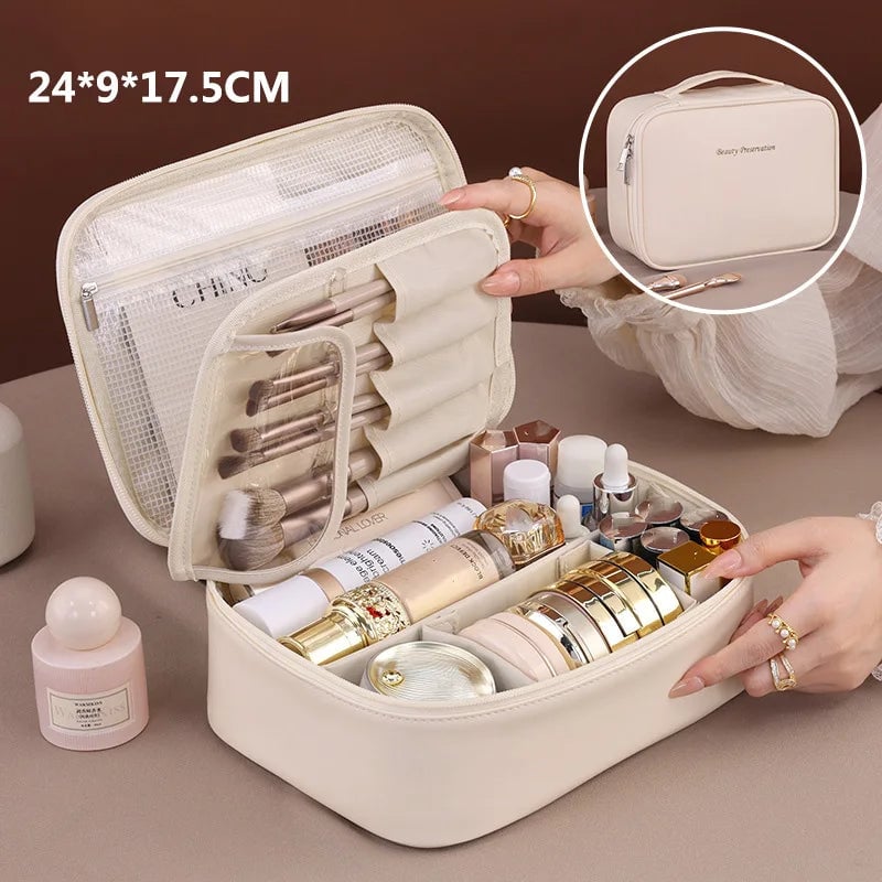 Large PU Leather Tote Makeup Bag - Travel Cosmetic Storage Organizer