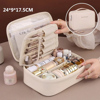 Large PU Leather Tote Makeup Bag - Travel Cosmetic Storage Organizer