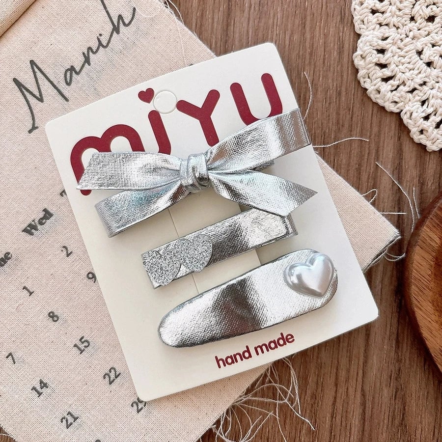 Silver PU Leather Hair Clips - Korean Style Snap Clips for Girls