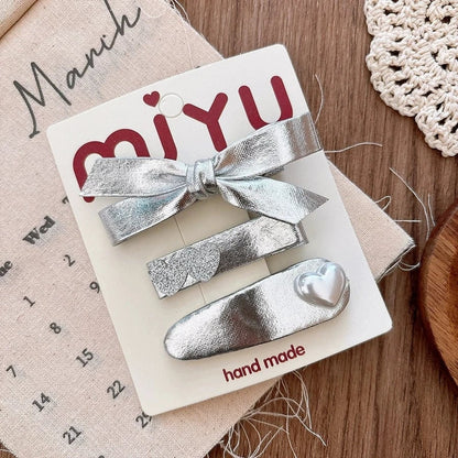 Silver PU Leather Hair Clips - Korean Style Snap Clips for Girls
