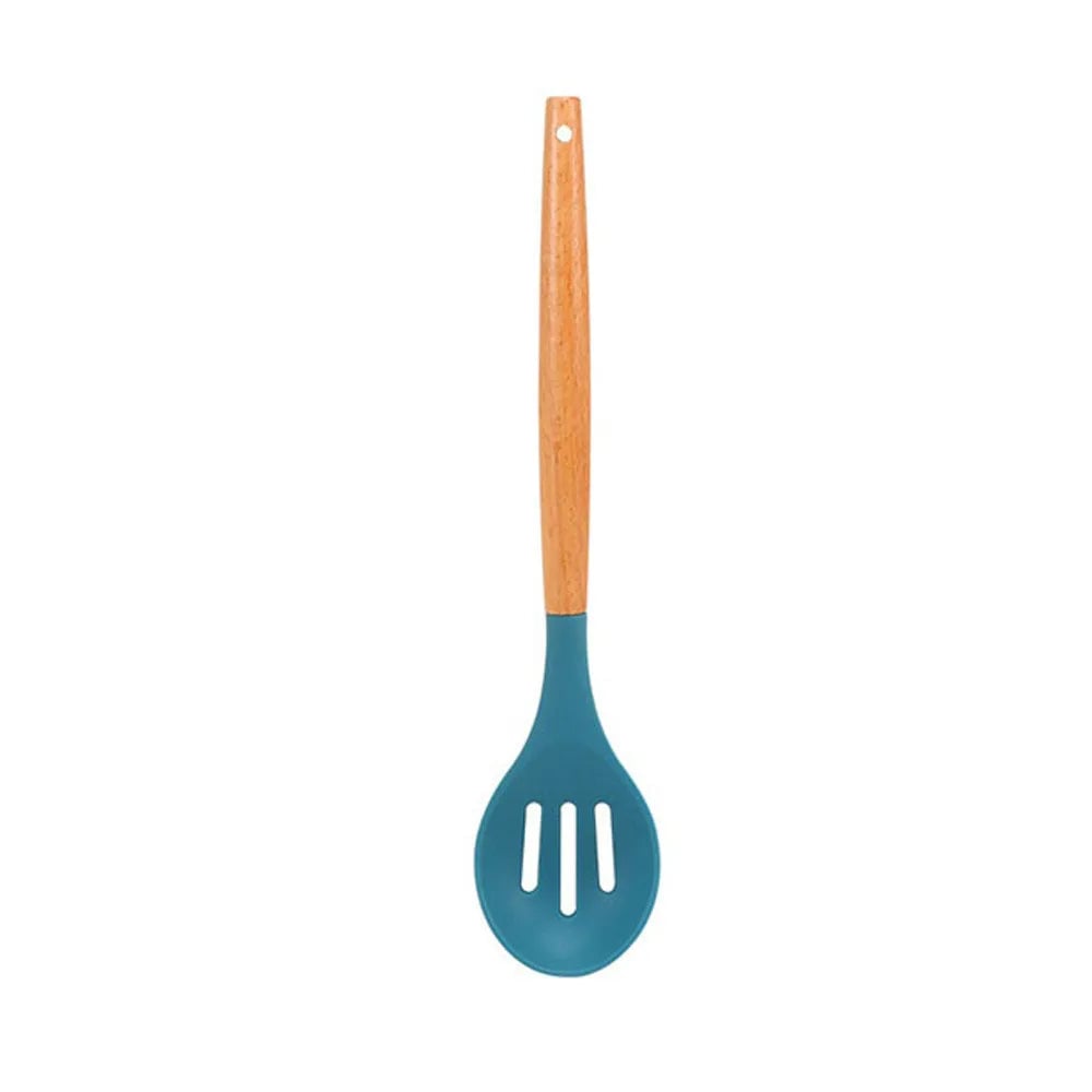 Blue Heat-Resistant Silicone Spatula Spoon with Wooden Handle