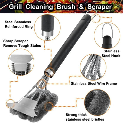 Stainless Steel BBQ Grill Cleaning Brush with Scraper Tool