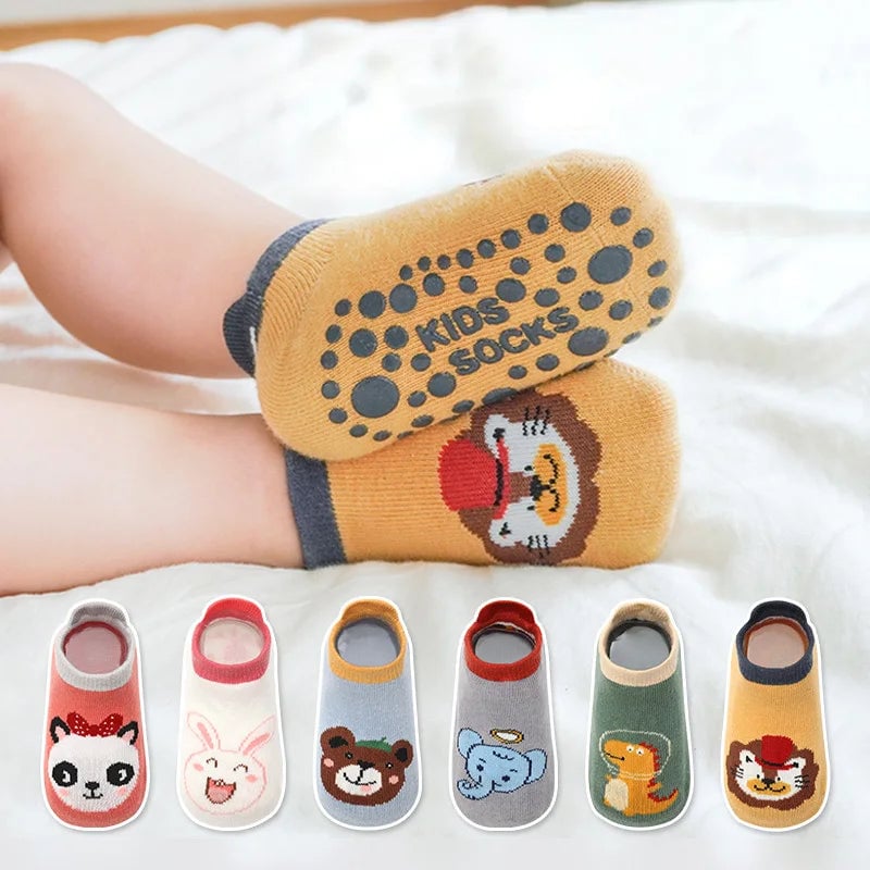 6 Pairs Kids Cotton Non Slip Socks Cartoon Animal Pattern Baby