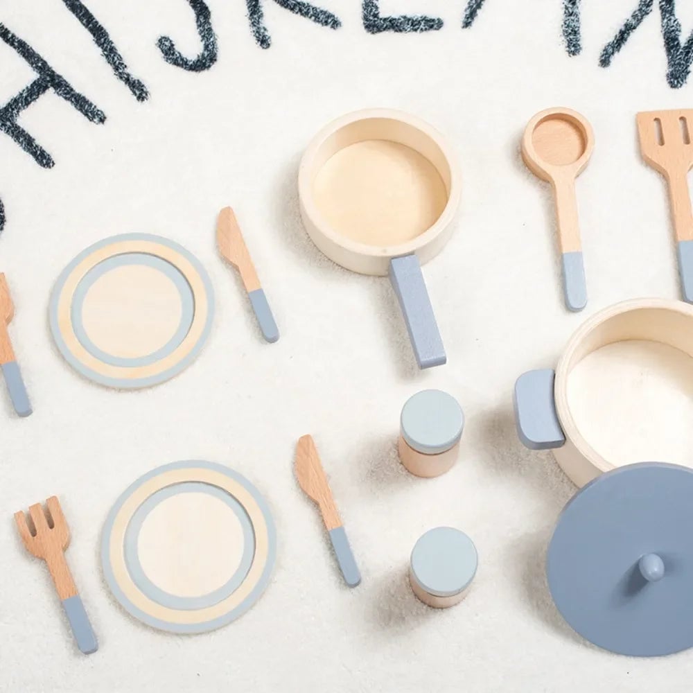 Wooden Mini Kitchen Cookware Set - Pretend Play Pots & Pans Toys
