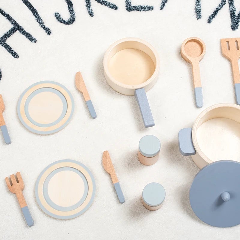 Wooden Play Kitchen Set with Pots,Pans & Food - Educational Role Play