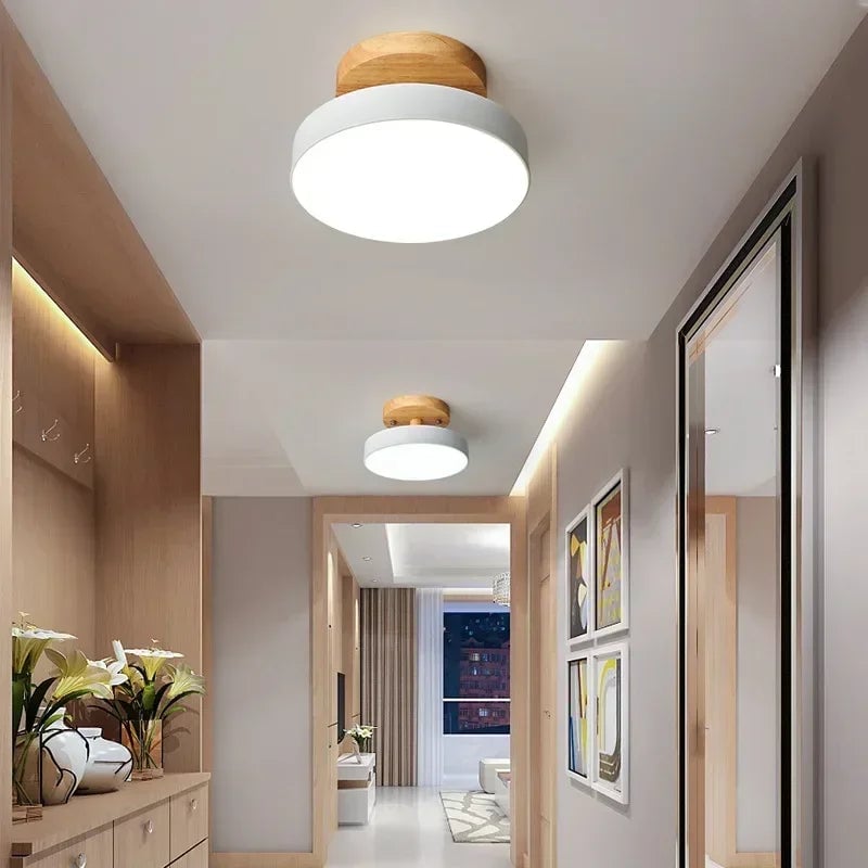 Nordic Wood Round Ceiling Light - Industrial Hallway Bathroom Lamp