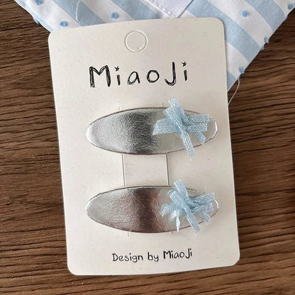 Silver PU Leather Hair Clips - Korean Style Snap Clips for Girls