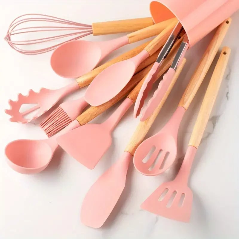 12-Piece Silicone Kitchen Utensils Set with Wooden Handles