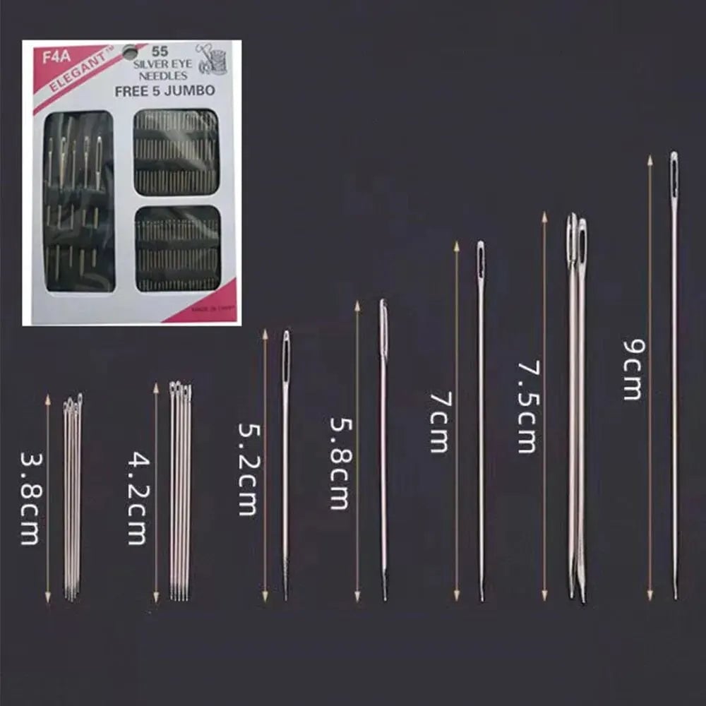 55pc Stainless Steel Big Eye Hand Sewing Needles Set Kit