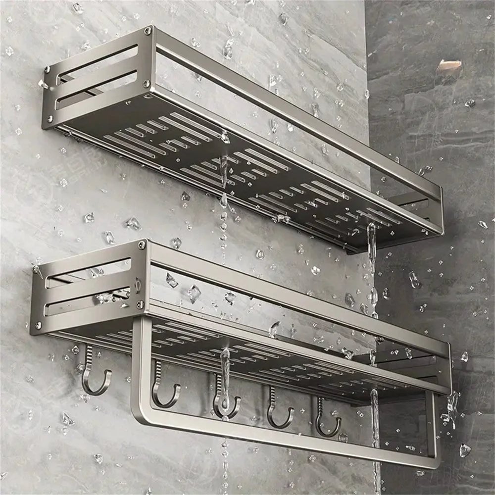 Aluminum Wall-Mounted Spice Rack with Hooks - Kitchen Storage Shelf
