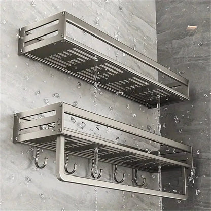 Aluminum Wall-Mounted Spice Rack with Hooks - Kitchen Storage Shelf
