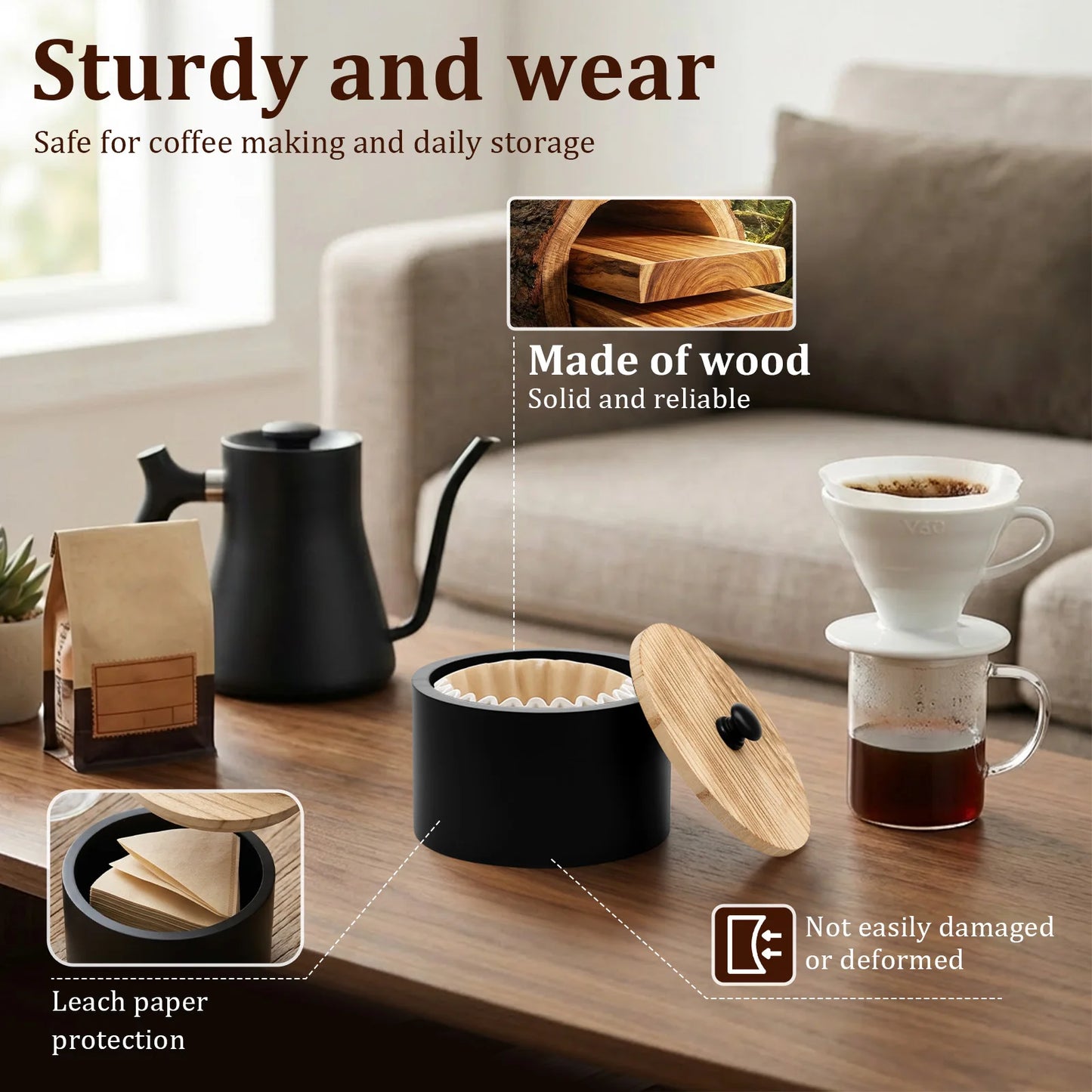 Large Wood Coffee Filter Storage Box Dispenser Organizer