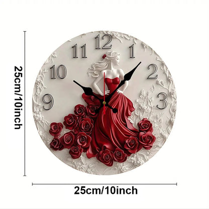 Woman Red Roses Wooden Round Silent Wall Clock - Home Decoration