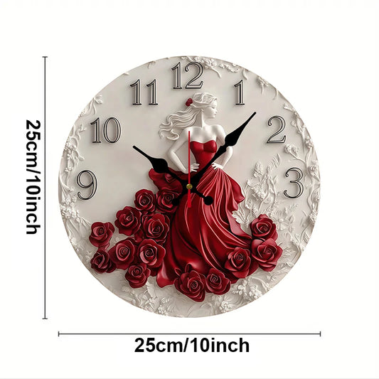 Woman Red Roses Wooden Round Silent Wall Clock - Home Decoration