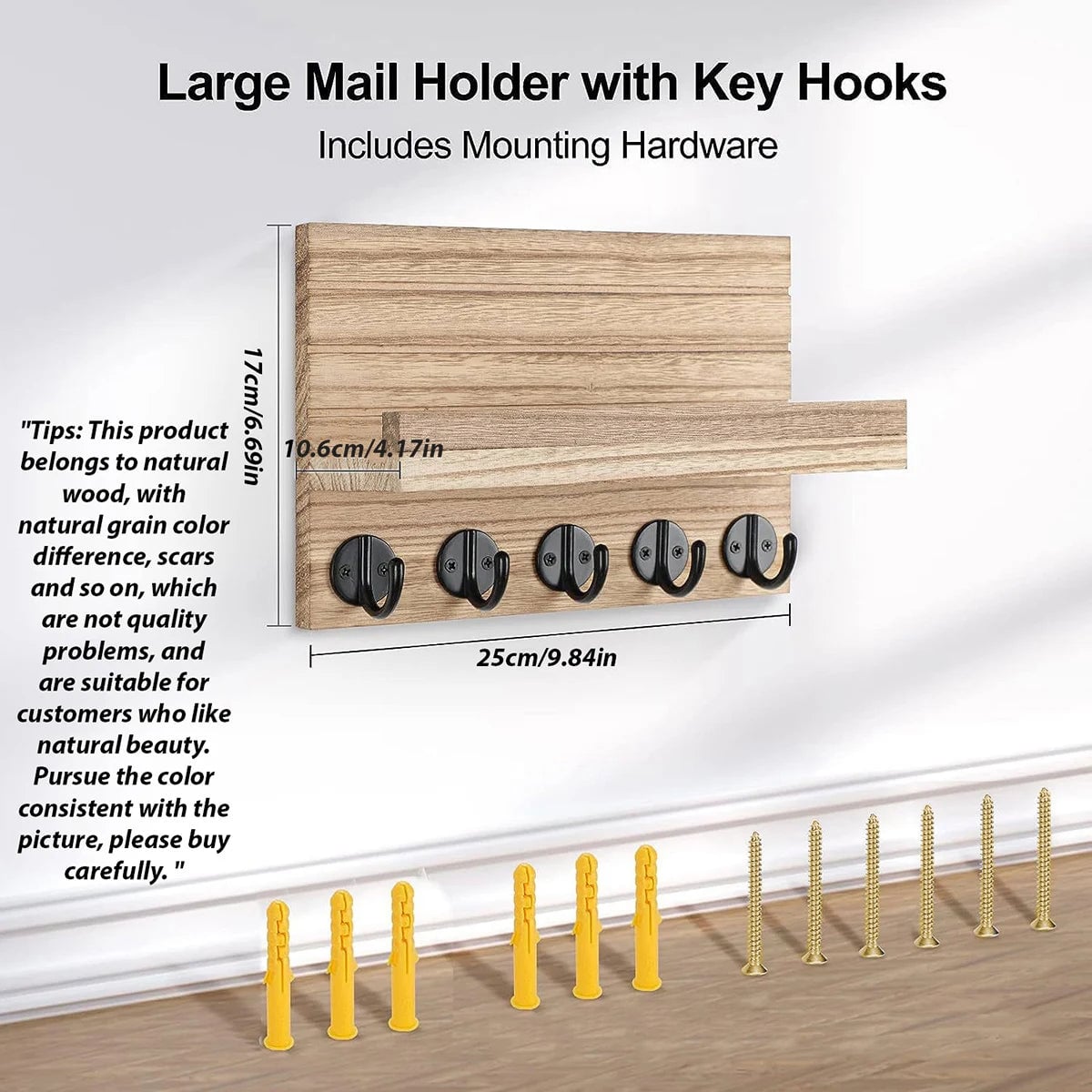 Wooden Key Holder Wall Mounted Mail Organizer 5 Hook Rustic Rack