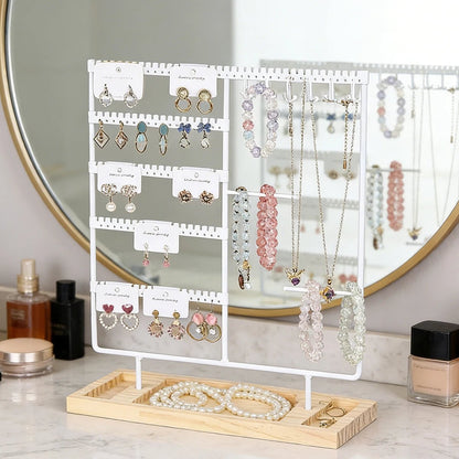 Metal Jewelry Organizer Stand with Wooden Tray - Multi-Functional