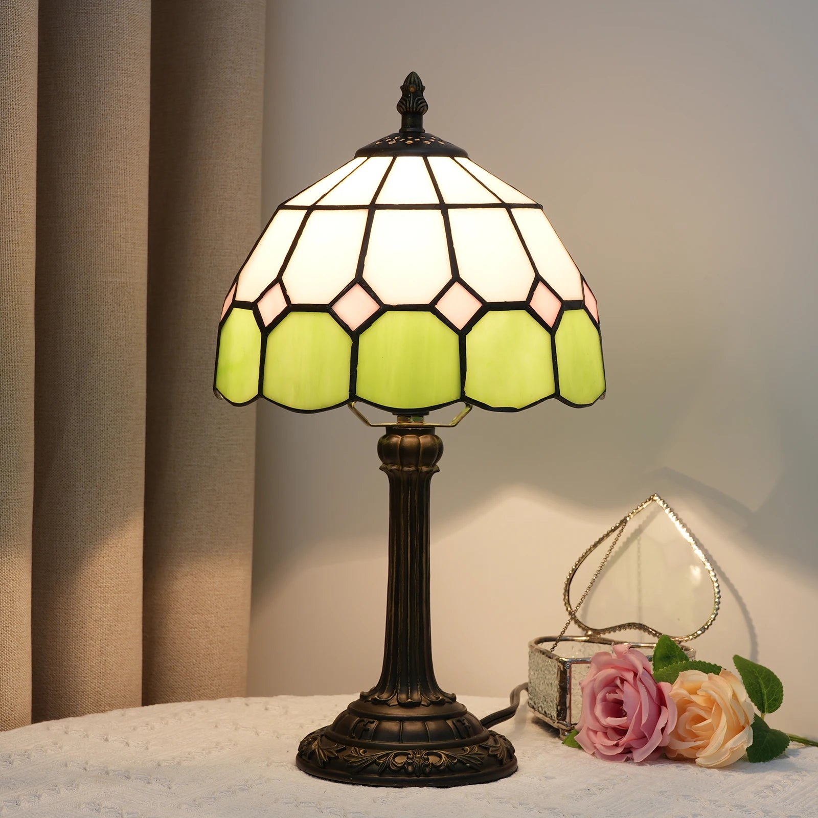 8" Mediterranean Stained Glass Table Lamp - Minimalist Bedside Reading
