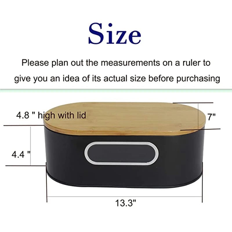 Large Black Bread Box with Bamboo Lid Cutting Board Kitchen Storage
