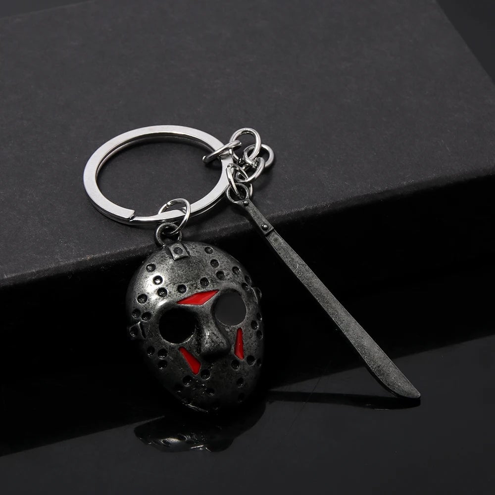 Horror Movie Hockey Mask Machete Metal Keychain - Halloween Cosplay
