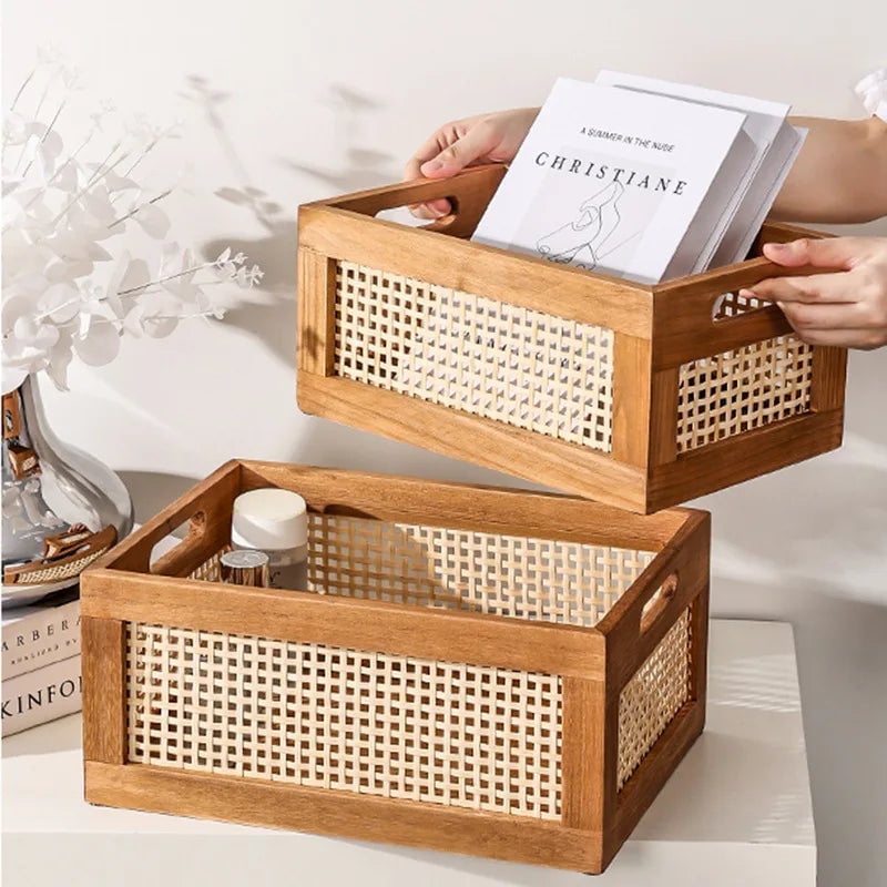 Solid Wood Rattan Storage Basket - Multi-Room Kitchen Bathroom Organizer