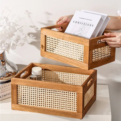 Solid Wood Rattan Storage Basket - Multi-Room Kitchen Bathroom Organizer