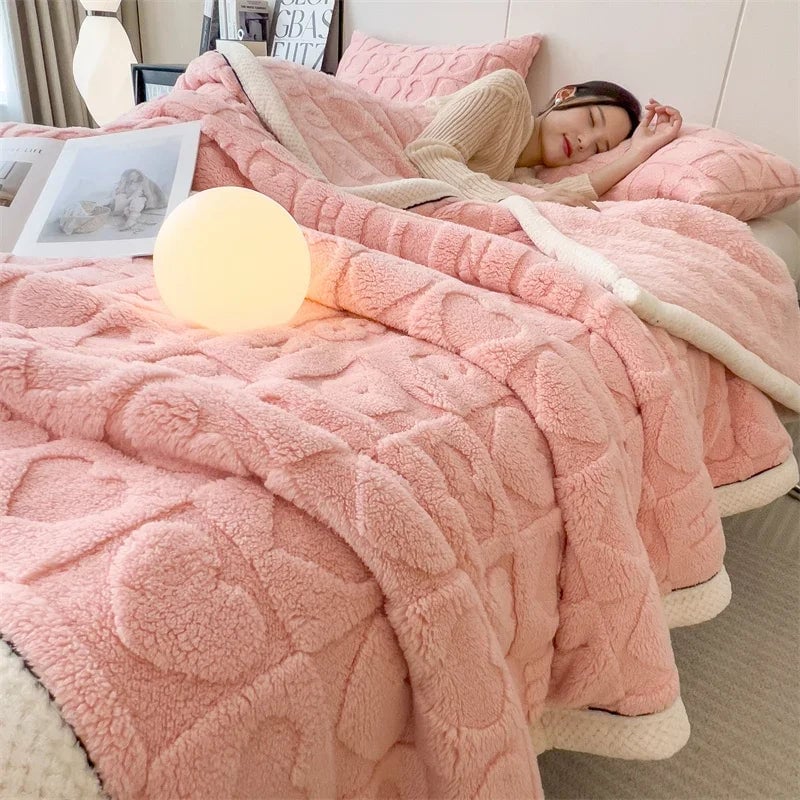 Winter Fleece Heart Plush Blanket - Soft Thick Bed Sofa Single Double