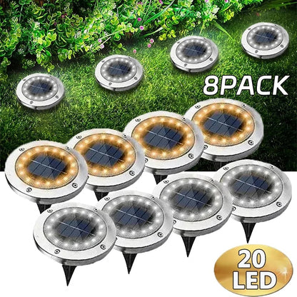 Solar LED Disk Ground Light - 8/20 LED Waterproof Buried Garden Deck