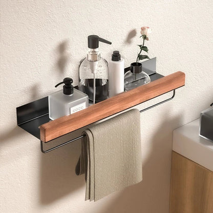 Wood Aluminum Corner Bathroom Shelf Wall Mount Shampoo Storage Rack