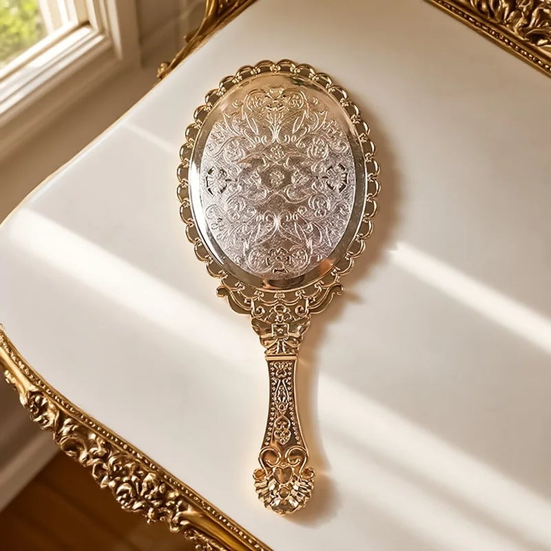 Vintage Oval Round Handheld Makeup Mirror Patterned Beauty Tool