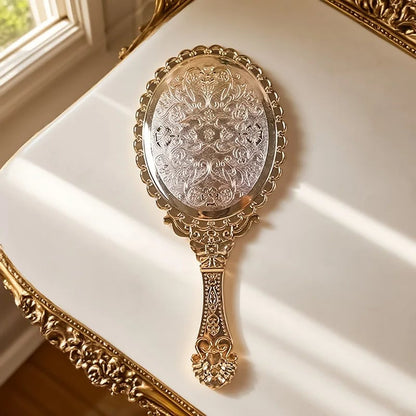 Vintage Oval Round Handheld Makeup Mirror Patterned Beauty Tool