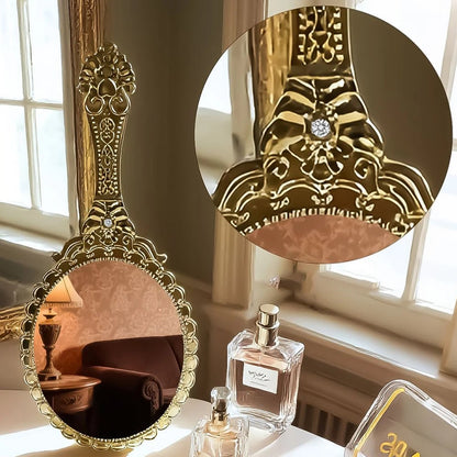 Vintage Oval Round Handheld Makeup Mirror Patterned Beauty Tool