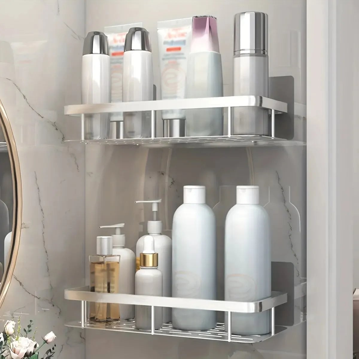 No Drill Corner Bathroom Storage Rack Wall Mount Shower Organizer