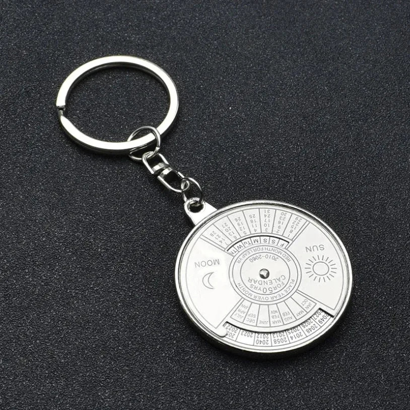 50-Year Perpetual Calendar Keychain - Silver Metal Alloy Multifunctional