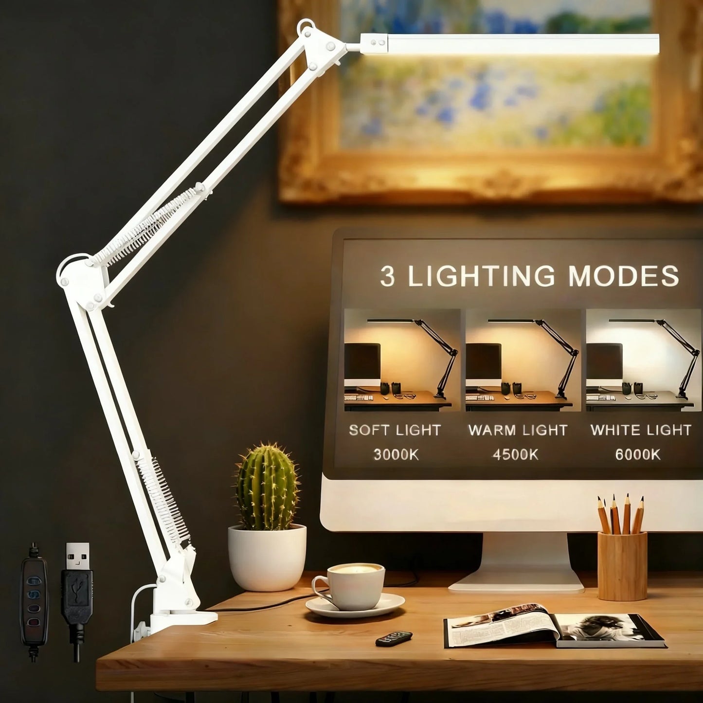 14W LED Desk Lamp Eye-Care Metal Swing Arm 3 Color Dimmable Clamp