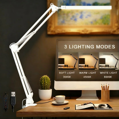 14W LED Desk Lamp Eye-Care Metal Swing Arm 3 Color Dimmable Clamp