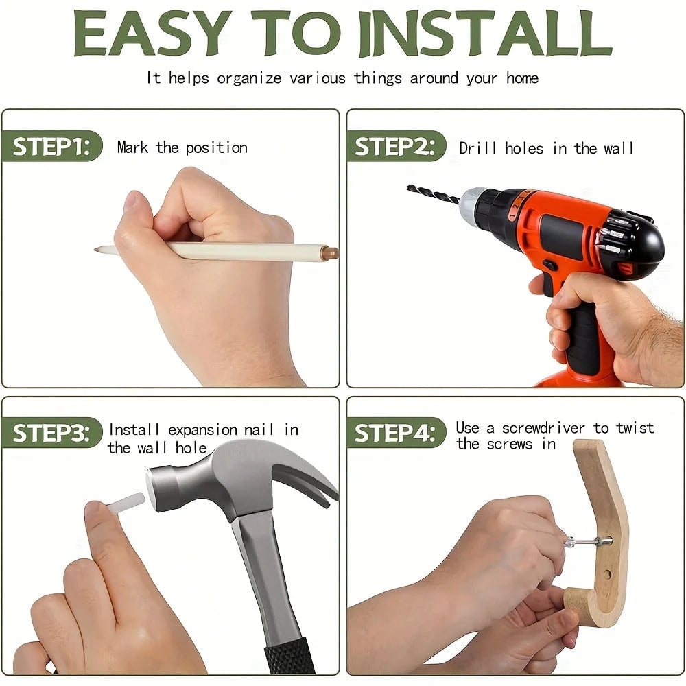 Natural Oak Wall Hooks - Heavy Duty Wooden Coat Hook Organizer