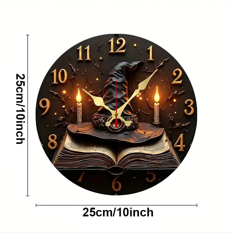Wizard Hat Books Wooden Wall Clock Silent Round Home Decor