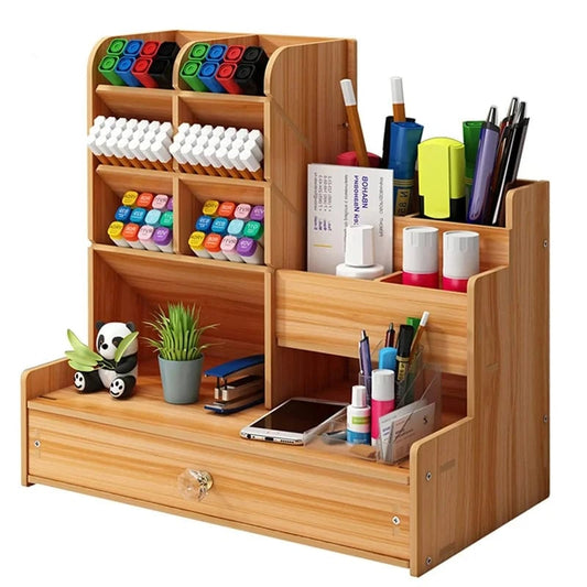 Large Wooden DIY Desk Organiser with Drawer - Multi-Compartment Pen