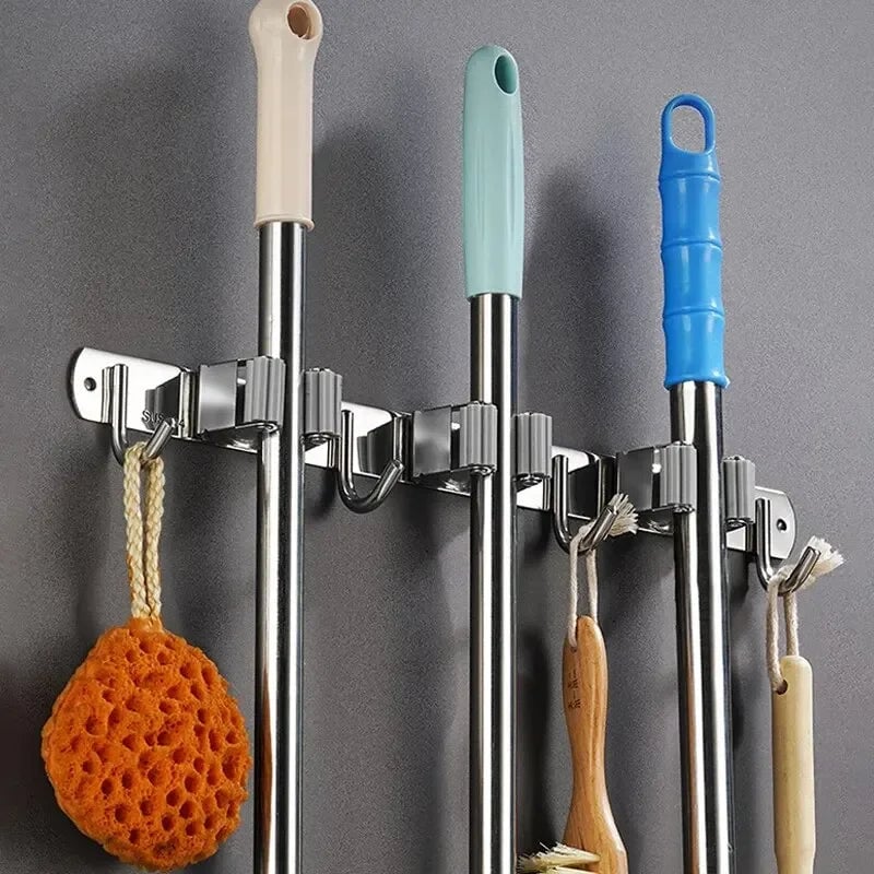 Stainless Steel Wall-Mounted Mop Rack - Hole-Free Storage Clip